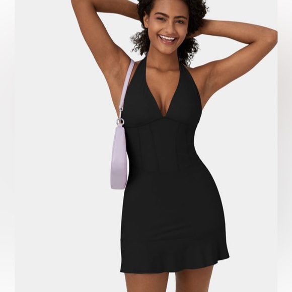 Halara Mini Dress Corset Deep V Halter Tie Backless Ruffle Tier Hem Black XL NWT - Picture 4 of 6